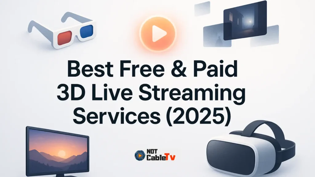 Clean hero image showing the title 7 Best Free & Paid 3D Live Streaming Services in 2025 with icons of 3D glasses, Smart TV, VR headset, and movie play button