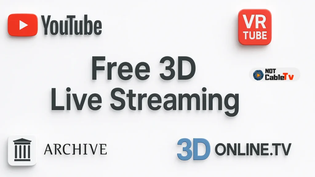 Graphic showing logos of YouTube, Archive.org, VRTube, and 3DOnline.TV around the text Free 3D Live Streaming on a clean white background
