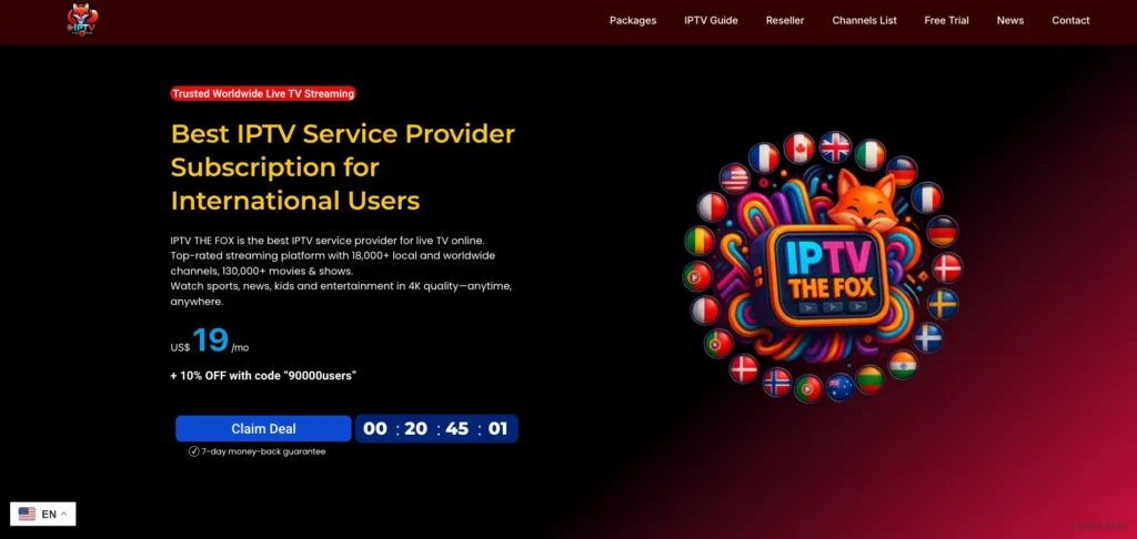 IPTV THE FOX review 2025 – Best IPTV provider homepage showing live TV offer, free trial, and international IPTV subscription details with device compatibility