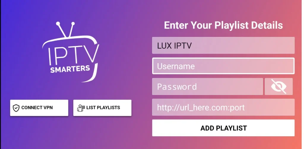 Lux IPTV review showing IPTV Smarters setup screen with Xtream Codes login for playlist URL, username, and password entry
