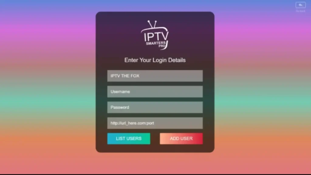 IPTV Smarters login screen with IPTV THE FOX credentials – shows setup for Samsung and LG Smart TVs using username, password, and portal URL.