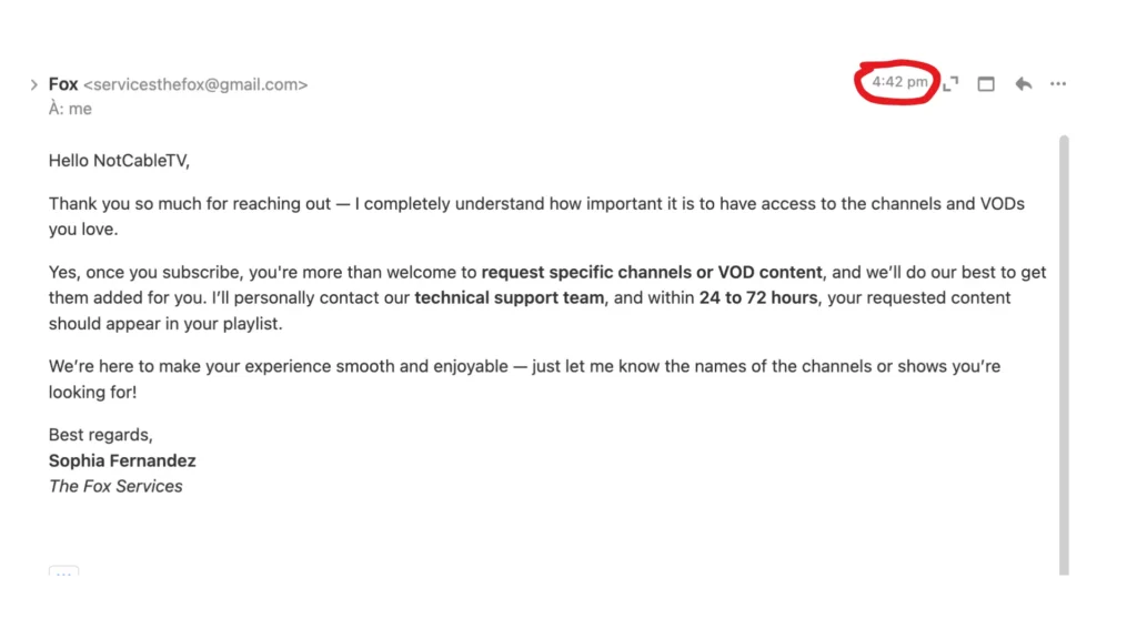 IPTV THE FOX support email confirming VOD and channel request feature with 24 to 72 hour response time — user-friendly IPTV service tested by NotCableTV.