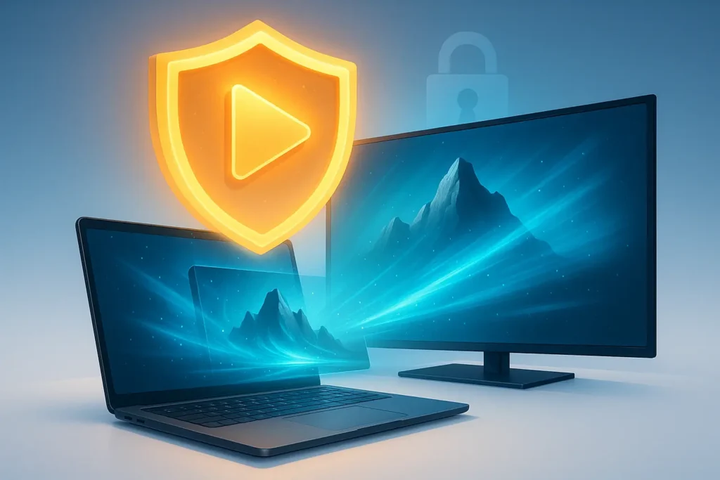 Illustration of a secure 3D live streaming service showing a shield and play icon over a Smart TV and laptop, symbolizing trusted and device-friendly 3D movie platforms
