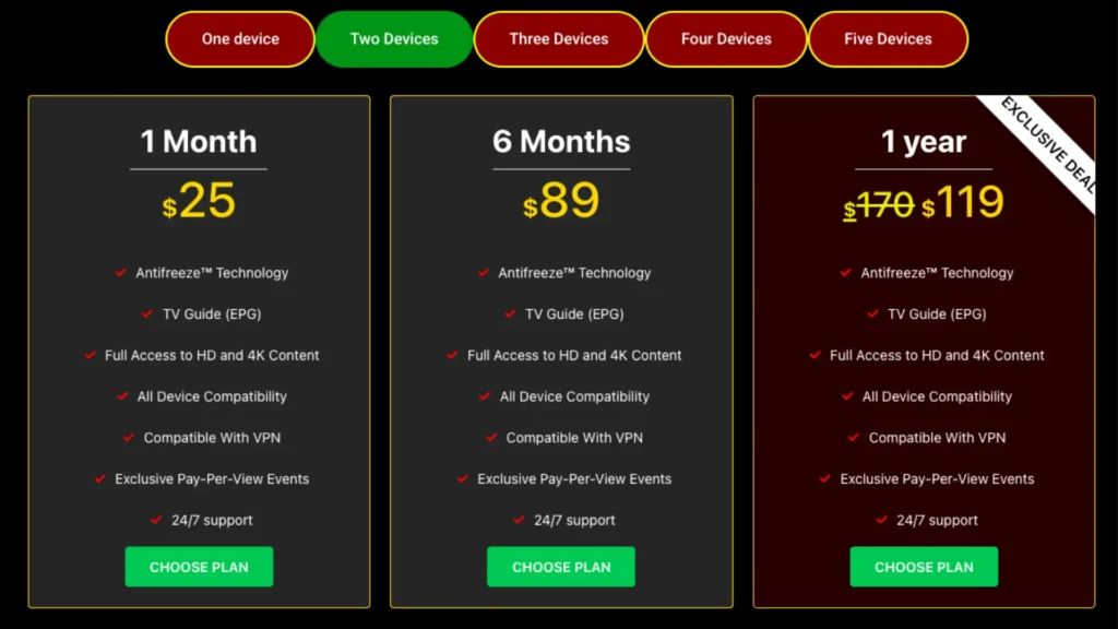 IPTV THE FOX 2-device pricing plans – $25 monthly, $89 for 6 months, or $119 annually. Includes HD/4K streaming, VPN support, EPG, and PPV IPTV access.