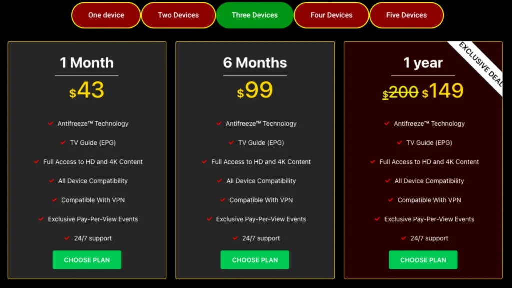 IPTV THE FOX 3-device plans – $43 for 1 month, $99 for 6 months, and $149 for 1 year. Includes 4K streaming, anti-freeze IPTV tech, VPN compatibility, and PPV access.