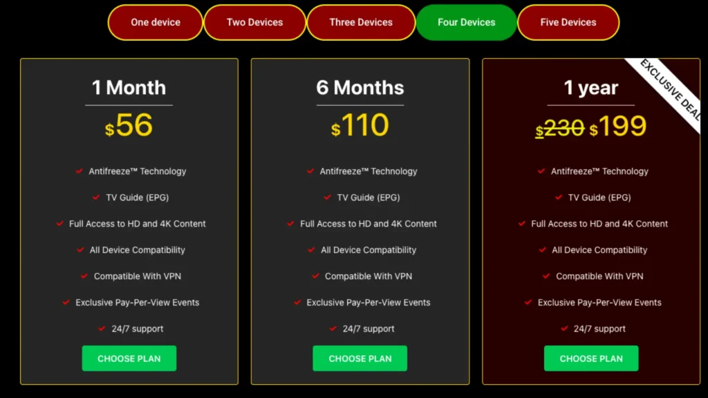 IPTV THE FOX 4-device subscription plans – $56 for 1 month, $110 for 6 months, and $199 for 1 year. Includes multi-device streaming, HD/4K IPTV, and PPV support.