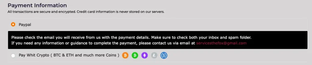 IPTV THE FOX payment options screen – supports PayPal and crypto payments (BTC, ETH, USDT), highlighting secure checkout for IPTV subscriptions.