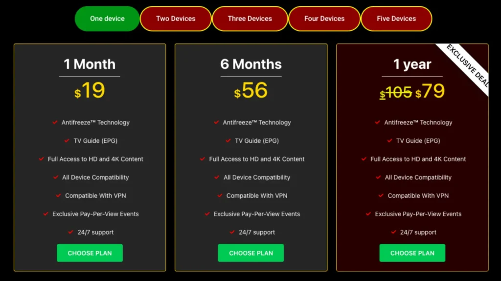 IPTV THE FOX pricing plans – 1 device IPTV subscription with 1 month for $19, 6 months for $56, and 1 year for $79, featuring HD/4K, VPN support, and PPV access.