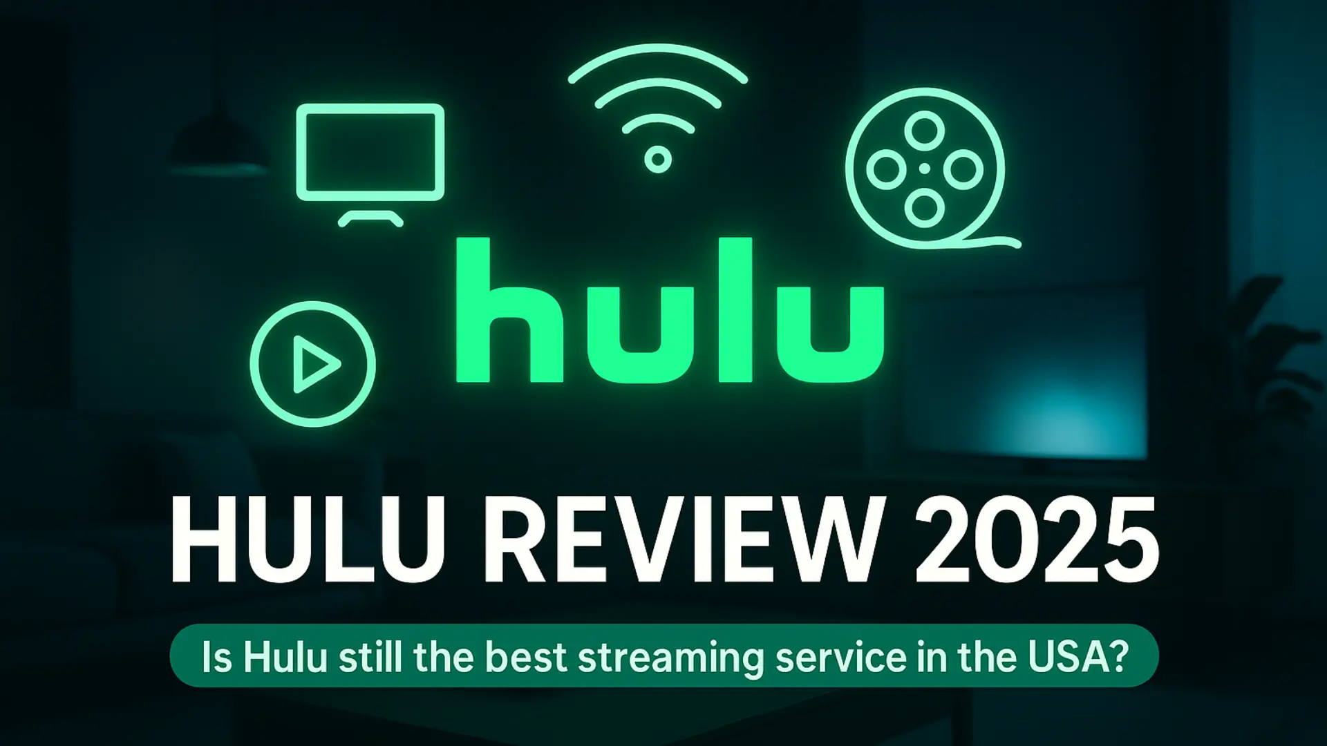 Hulu Review 2025 – Hulu logo with streaming icons, smart TV background, and text asking “Is Hulu still the best streaming service in the USA?” highlighting Hulu originals, live TV, and bundles.